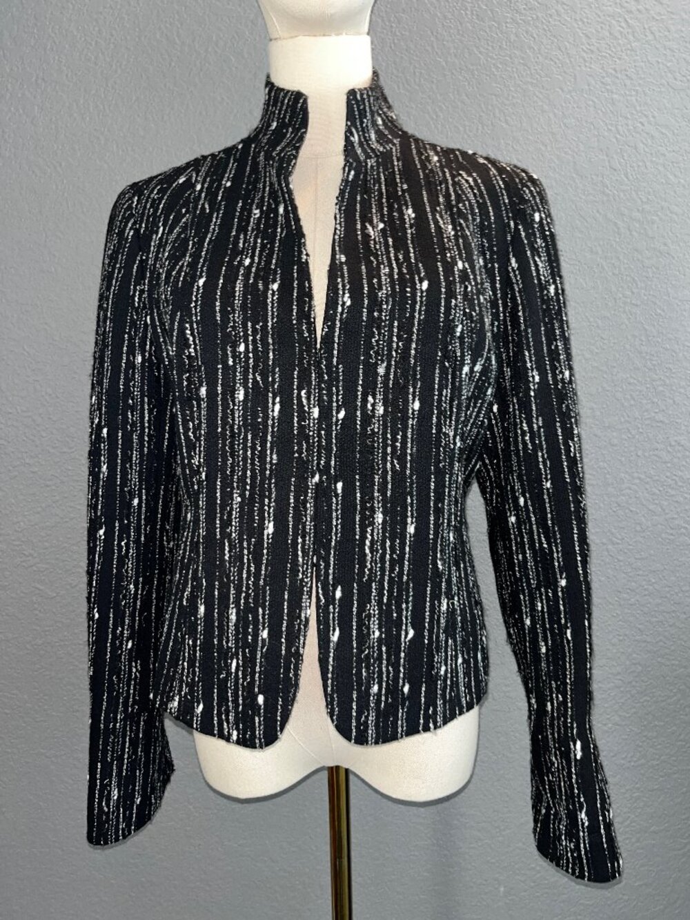 Lafayette 148 New York Black White Textured Wool Blend Open Front Blazer EUC - 6